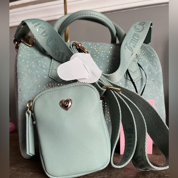 Juicy Couture Let It Shine Satchel Crossbody Cool Blue Rhinestone Logo NWT - Picture 3 of 6